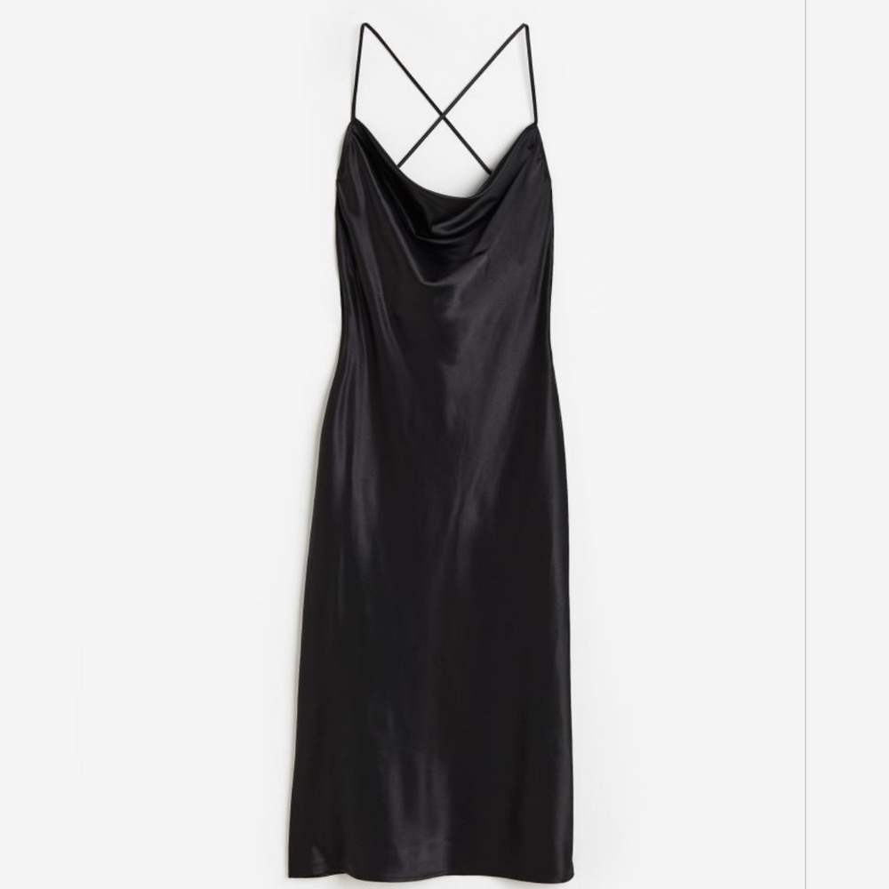 H&M Black Midi Cowl Neck Scoop Plunge Slit Satin Silk Slip Dress